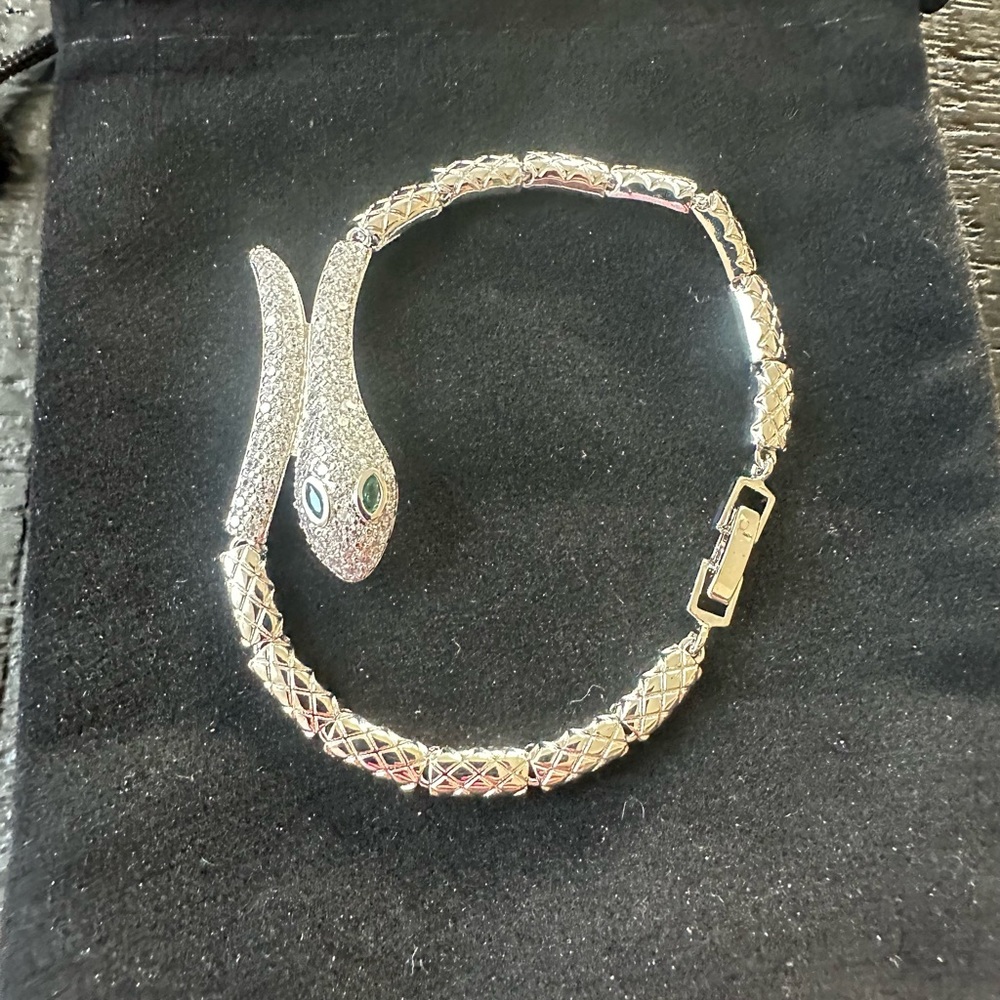 Snake Faux Diamond bracelet with green crystal eyes